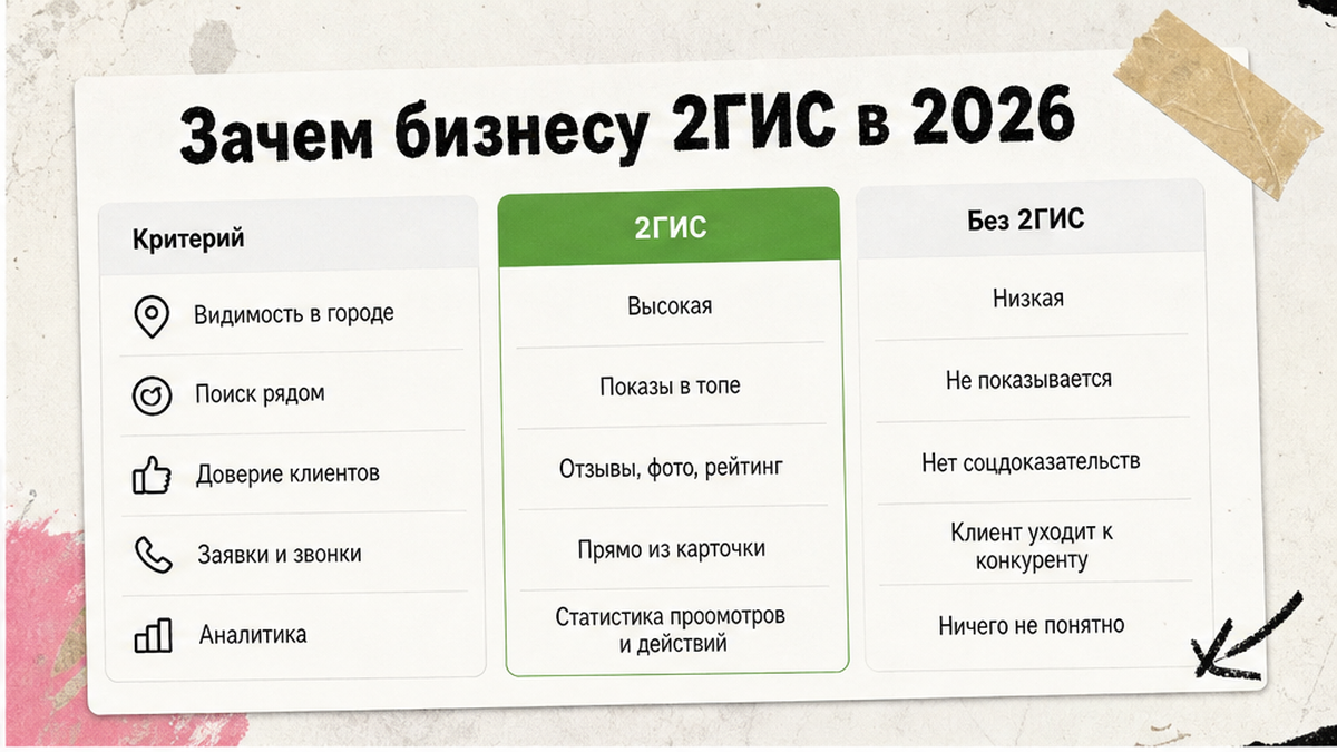 Сравнительная таблица / UI-мокап: Зачем бизнесу 2ГИС в 2026 году
