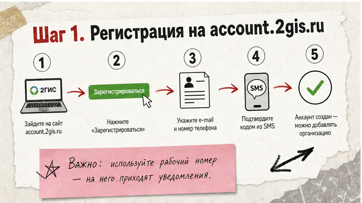Схема workflow / шаги: Шаг 1. Регистрация и создание на account.2gis.ru