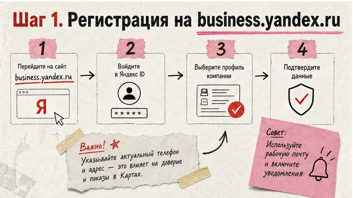 Схема workflow / шаги: Шаг 1. Регистрация и создание на business.yandex.ru