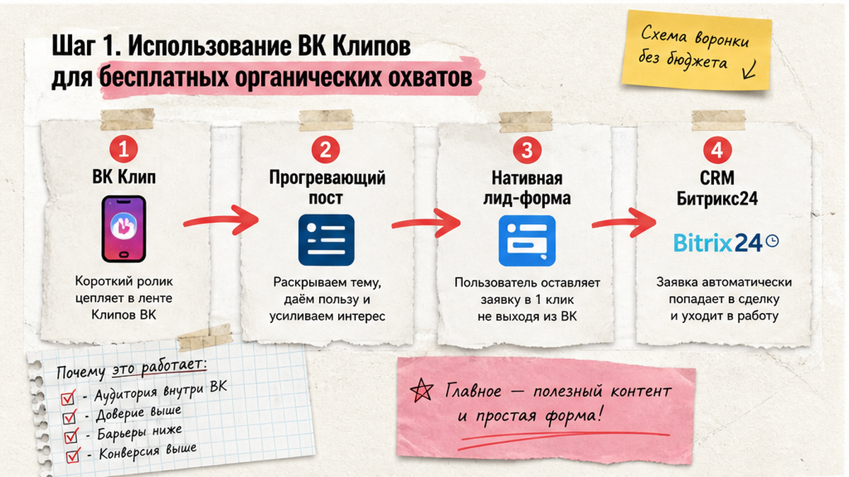 Схема воронки продаж: от ВК Клипов до сделки в CRM Битрикс24