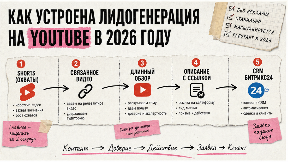 Схема workflow лидогенерации YouTube: Shorts, связанное видео, CRM