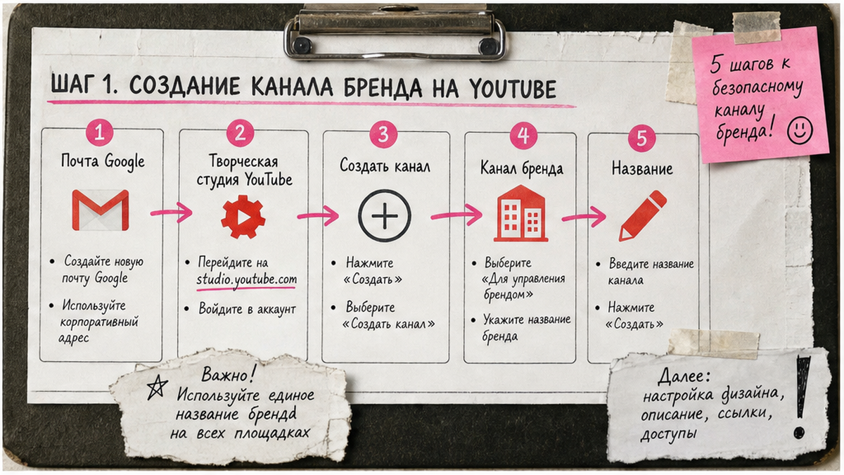 Схема шагов регистрации Канала бренда на YouTube