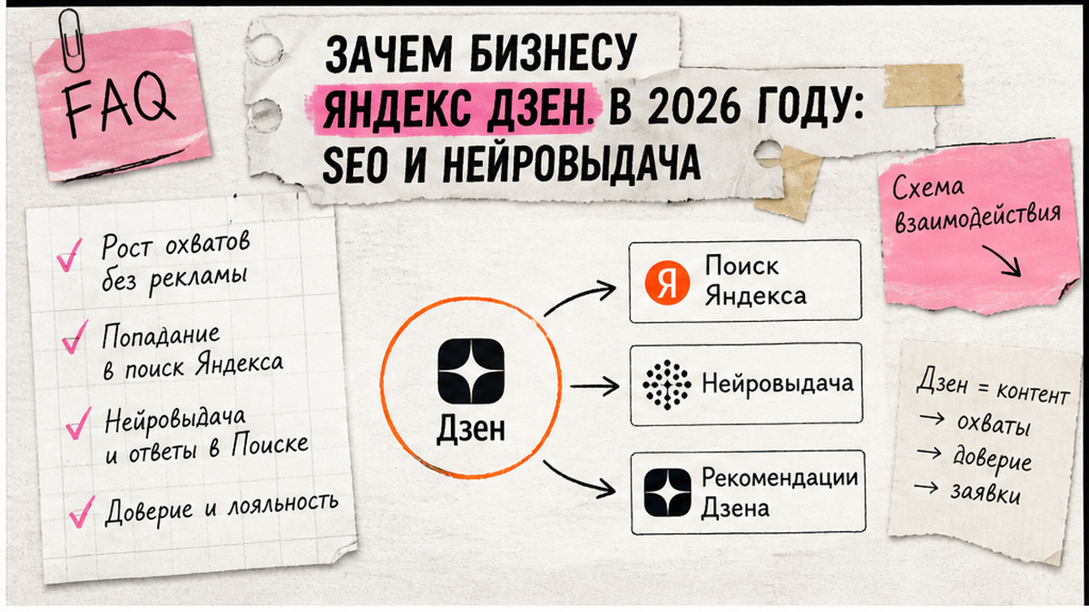 FAQ + schema / JSON-LD UI: Зачем бизнесу Яндекс Дзен в 2026 году: SEO и нейровыдача