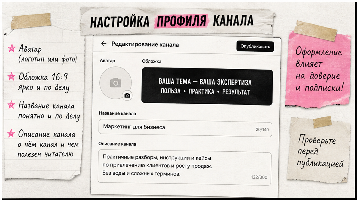 Сравнительная таблица / UI-мокап: Шаг 2. Оформите профиль, обложку и описание с ключевыми словами
